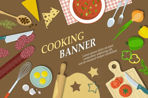 Banner de cozinha com utensílios de cozinha — Vetor de Stock