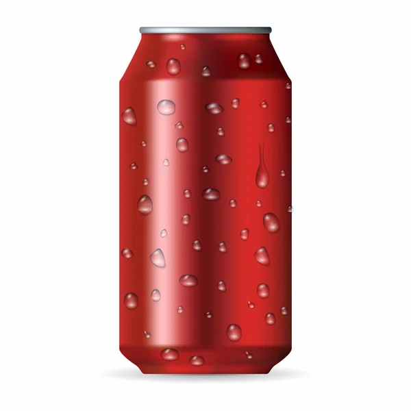 Réaliste boîte en aluminium rouge avec des gouttes — Image vectorielle