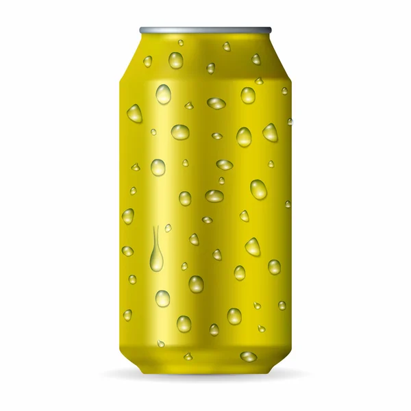 Realistic yellow aluminum can with drops — Stock Vector