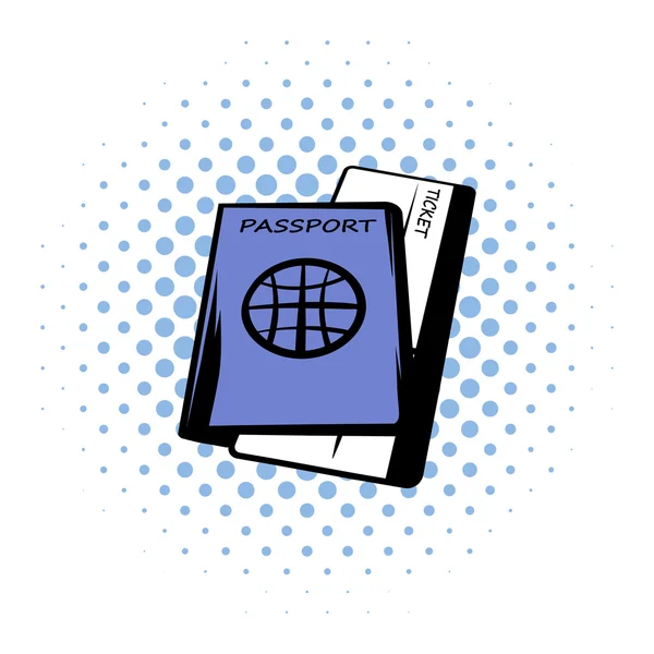 Διαβατήριο με εισιτήρια κόμικς εικονίδιο — Διανυσματικό Αρχείο