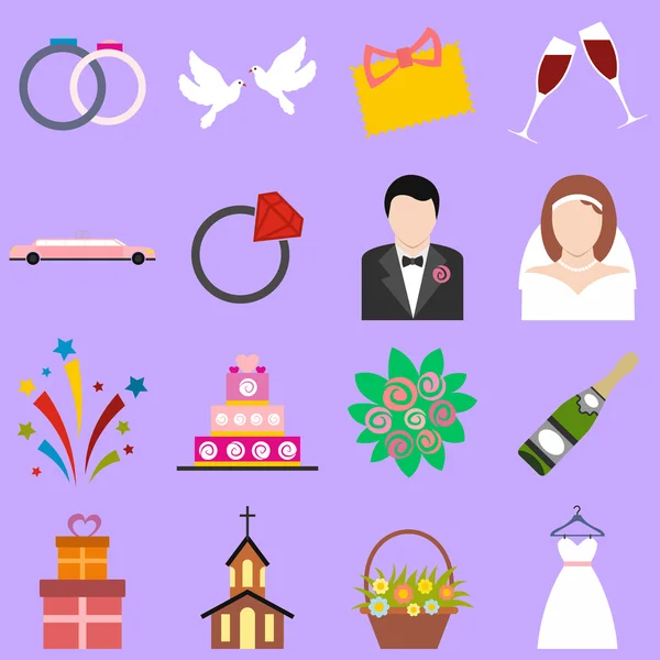Ensemble d'icônes plates de mariage — Image vectorielle