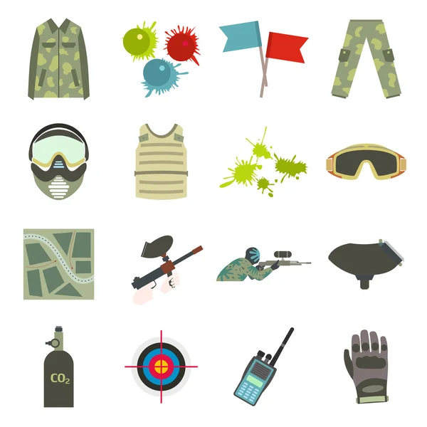 Paintball juego de iconos planos conjunto — Vector de stock