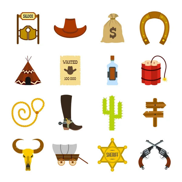 Wild west cowboy plat pictogrammen — Stockvector