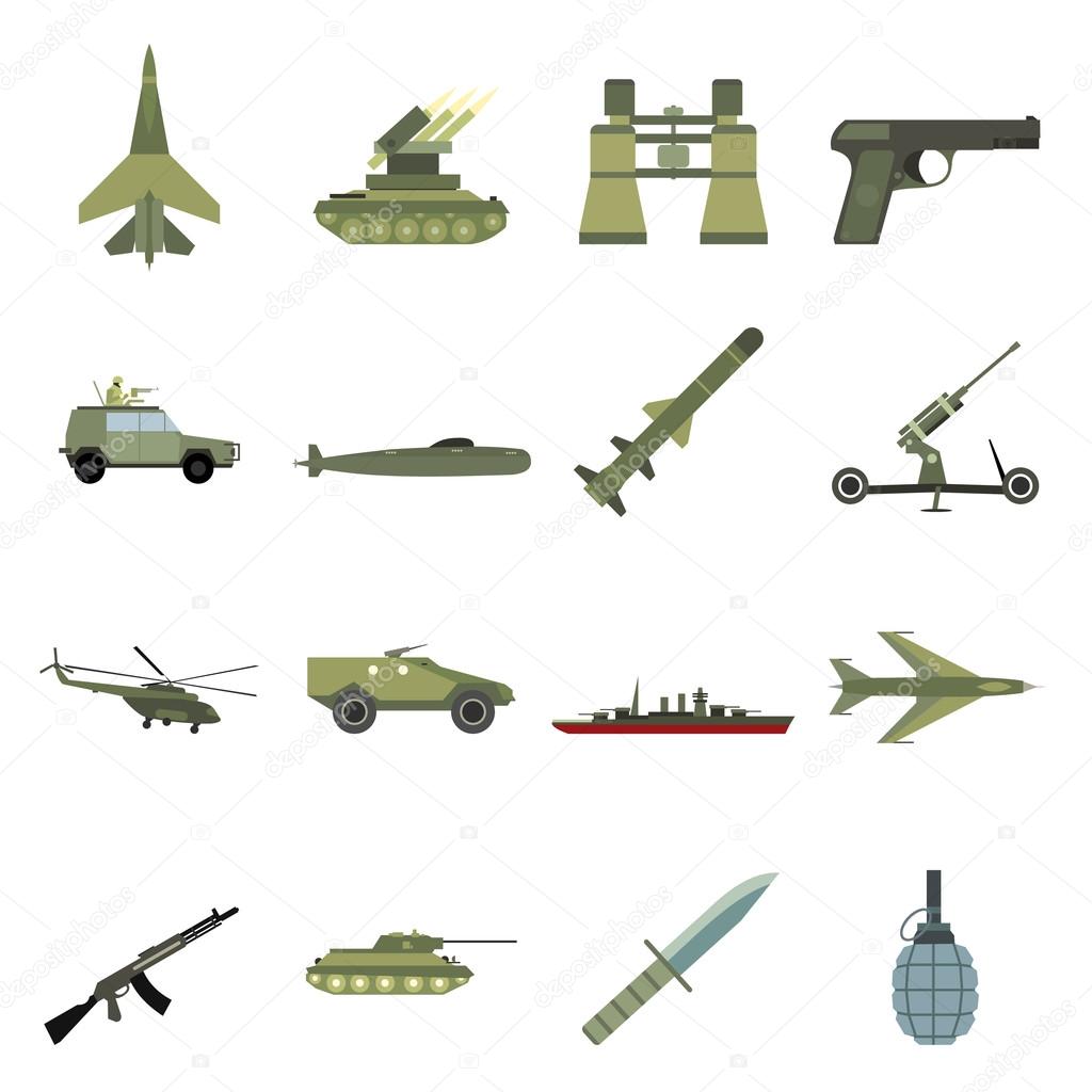 16 weapon flat icons set
