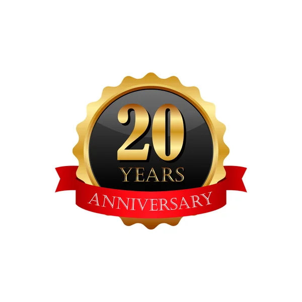 20 jaar verjaardag gouden label met linten — Stockvector
