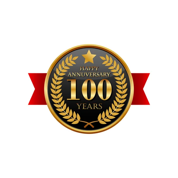 100 años aniversario etiqueta de oro con cintas — Vector de stock