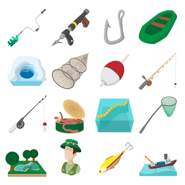 Iconos de dibujos animados de pesca conjunto — Vector de stock