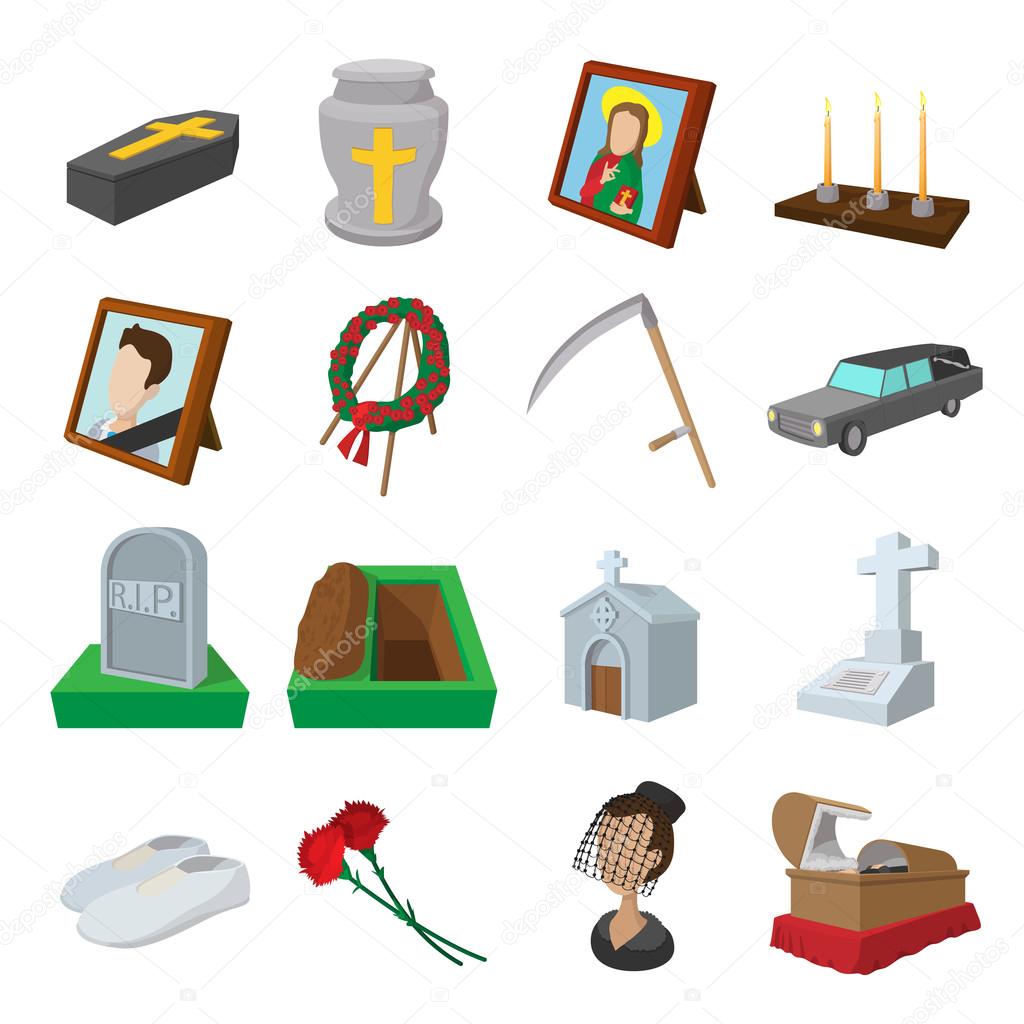 Funeral and burial cartoon icons