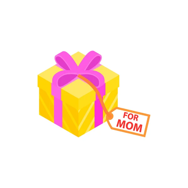 Gift box with pink ribbon and for mom card icon — Stock Vector