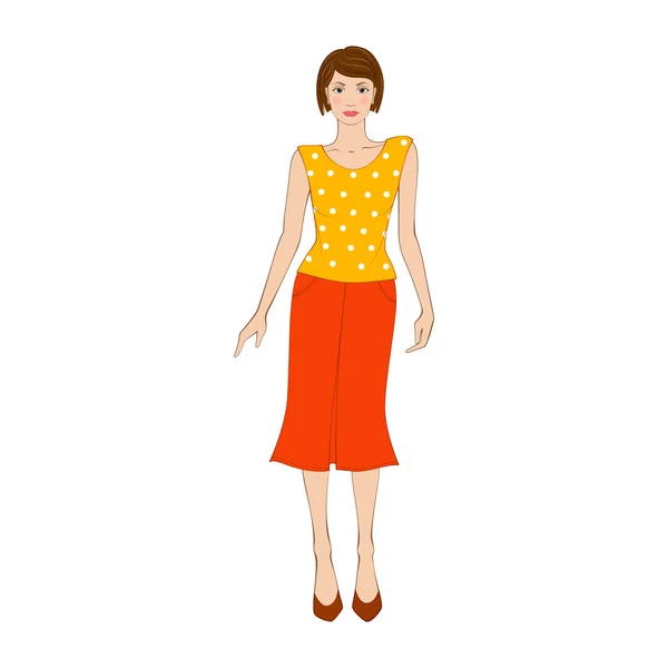 Mulher de blusa amarela e saia laranja ícone plano — Vetor de Stock