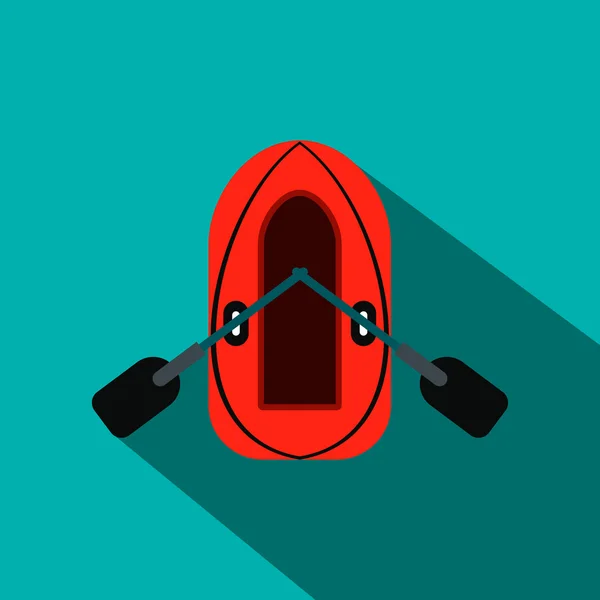 Barco inflable rojo con remo icono plano — Vector de stock