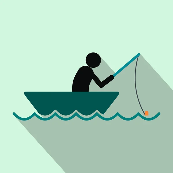 Pescador en un barco icono plano — Vector de stock