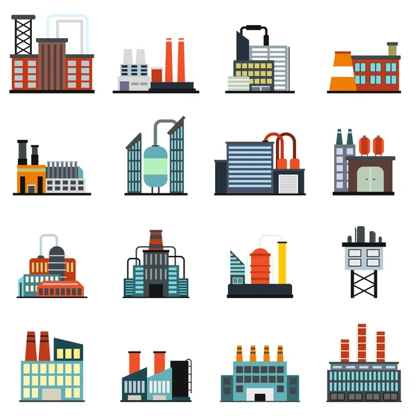 Construção industrial fábrica ícones planos —  Vetores de Stock