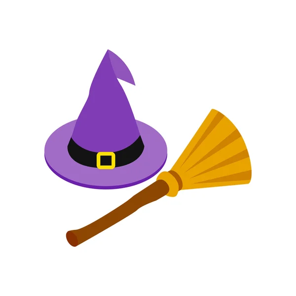 Witch hat and broom isometric 3d icon — Stock Vector