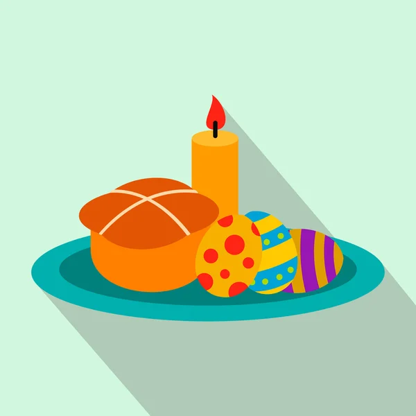 Gâteau de Pâques avec oeufs et bougie brûlante icône plate — Image vectorielle