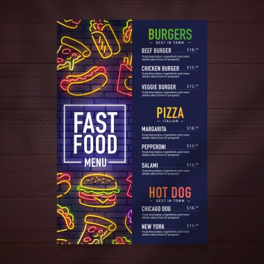 Fast food menüsü tasarımı ve neon şarkı söyleme vektörü illüstrasyonu. Kafe menü şablonu neon tarzı. Fast food neon ikonu