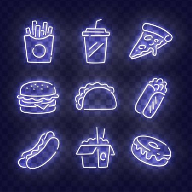 Fast Food neon ikonları. Yemek ikonları, amblem, tasarım şablonu. Patates kızartması, içecek, pizza, burger, taco, shawarma, hot dog, erişte, çörek. Vektör İllüstrasyonu