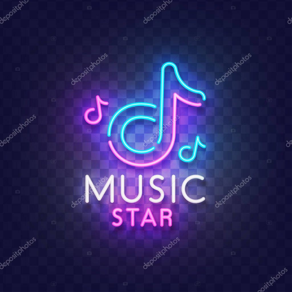Music neon sign. Glowing neon light signboard of musical note. Sign of Music star with colorful neon lights isolated on brick wall. Vector illustration