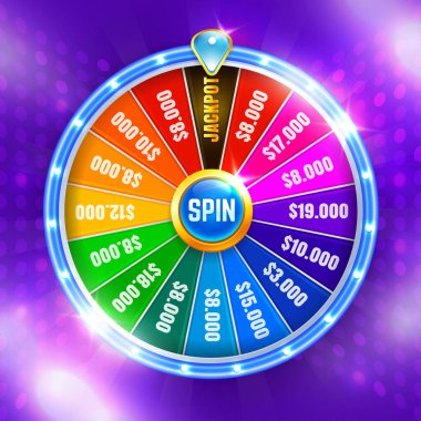 Çarkıfelek. Dönen talih çarkı, şanslı rulet. Kumarhane neon renkli. Vektör illüstrasyonu