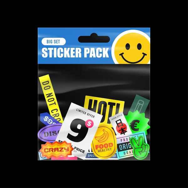 Sticker pack. Packaging with stickers. Peeled Paper Stickers. Product packaging with transparent plastic packet. Isolated vector on black background — Stock Vector