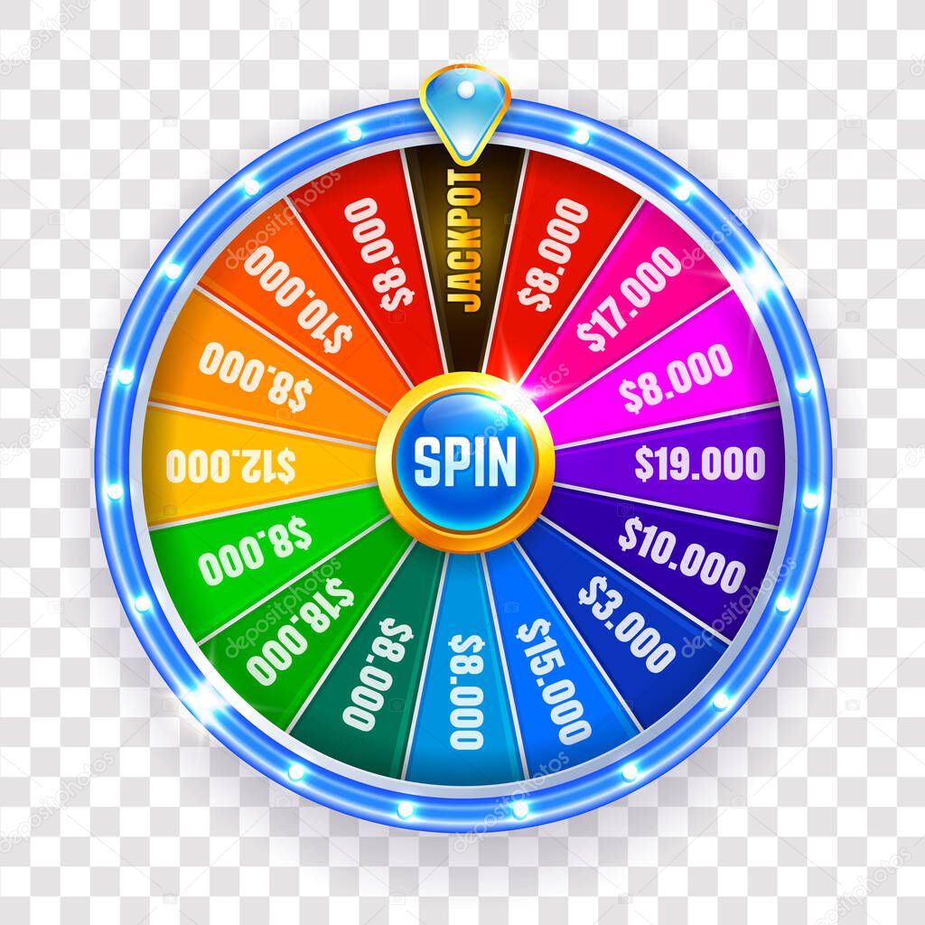 Wheel fortune isolated. Spinning fortune wheel, lucky roulette. Casino neon colorful. Vector illustration
