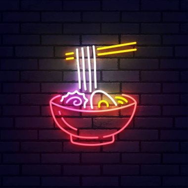 Ramen neon levhası, parlak tabela, hafif pankart. Ramen logosu neon, amblem. Vektör illüstrasyonu