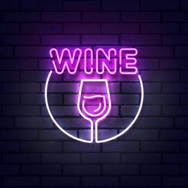 Şarap neon lambası, parlak tabela, hafif pankart. Bir kadeh şarap logosu, amblem. Vektör illüstrasyon Şarap neon levhası, parlak tabela, hafif pankart. Bir kadeh şarap logosu, amblem. Vektör illüstrasyonu