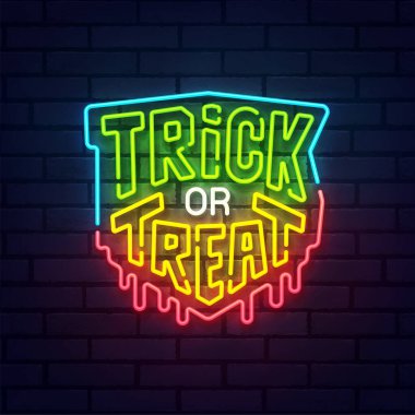 Cadılar Bayramı tabelası, parlak tabela, hafif pankart. Şeker mi şaka mı logosu neonu, amblemi. Vektör illüstrasyonu