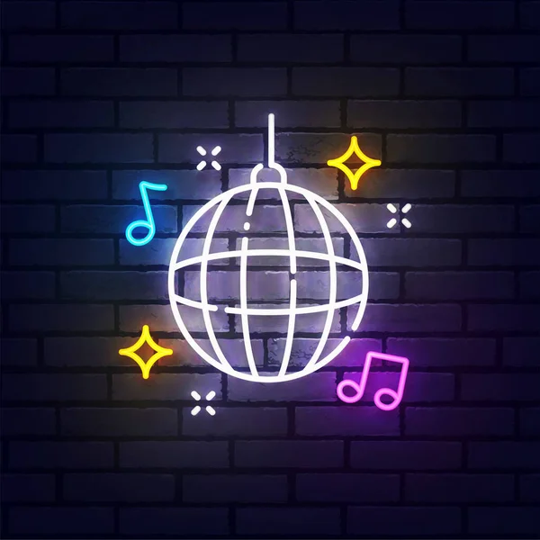 Segno al neon con sfera discografica, cartello luminoso, banner luminoso. Logo night club neon, emblema. Illustrazione vettoriale — Vettoriale Stock
