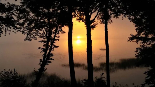 Nascer Sol Com Névoa Matinal — Fotografia de Stock