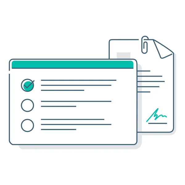 Dijital sözleşme. Belge. Arayüzde imzalı anlaşma yığını belgesi. Düz dizayn. Vektör illüstrasyonu