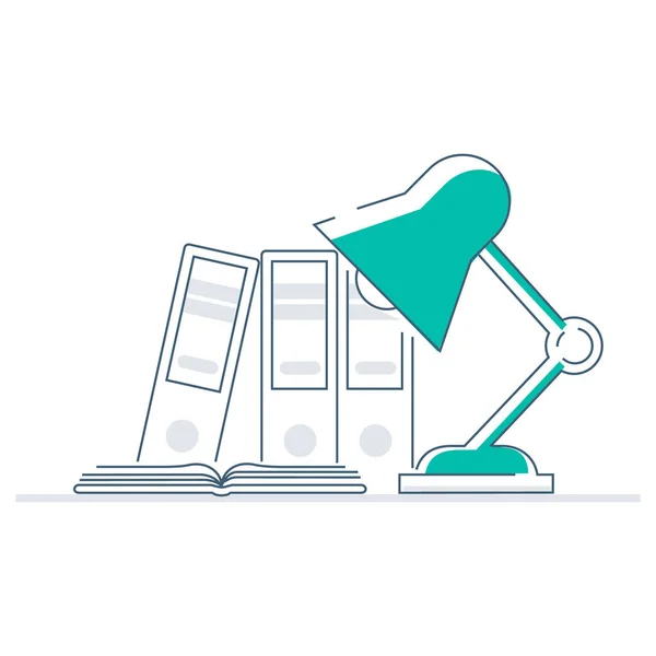 Çalışma odası, lamba ve belgeler masanın üzerinde. Çalışma masasının üzerinde vektör çizgi film düz yatıyordu. Düz dizayn. Vektör illüstrasyonu