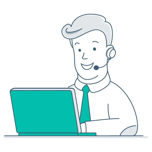 Müşteri hizmetleri. Kulaklıklı ve dizüstü bilgisayarı olan bir adam. Destek, yardım, çağrı merkezi kavramları. Düz dizayn. Vektör illüstrasyonu