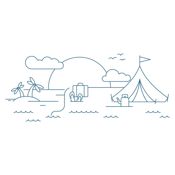 Tatildeki turist düz vektör çizimleri ayarlandı. Mevsimlik eğlence, macera gezisi konsepti. Tropik tatil köyü, kamp, sörf ve balıkçılık.