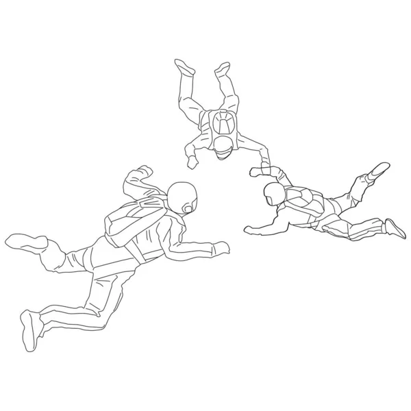 Paraşütle atlayan insanlar. Bir grup profesyonel paraşütçü yamaç paraşütü yapıyor. Taslak vektör illüstrasyonu