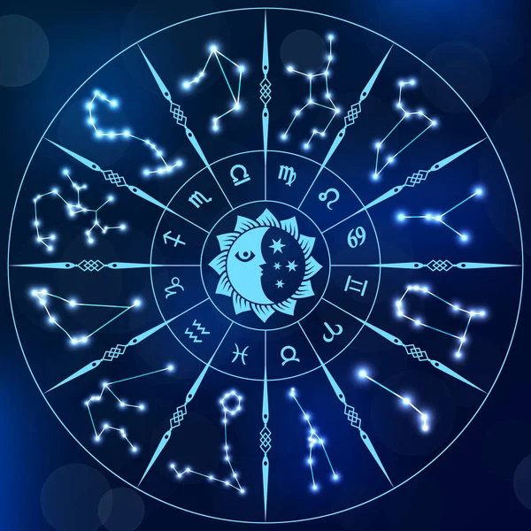 Синій Неоновий Гороскоп Коло Знаками Зодіаку Векторні Ілюстрації — стоковий вектор