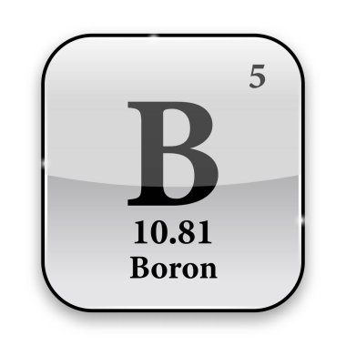 Boron sembolü. Periyodik tablonun kimyasal elementi gümüş çerçevede parlak beyaz bir arkaplan üzerinde. Vektör illüstrasyonu.