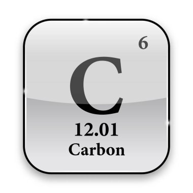 Karbon sembolü. Periyodik tablodaki kimyasal element gümüş çerçeveli parlak beyaz bir arkaplan üzerinde. Vektör illüstrasyonuName.