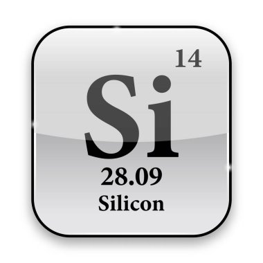 Silikon sembol. Periyodik tablodaki kimyasal element gümüş çerçeveli parlak beyaz bir arkaplan üzerinde. Vektör illüstrasyonu.
