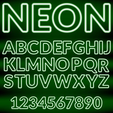 Green neon light alphabet.Vector clipart