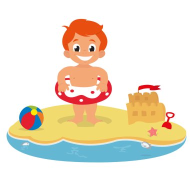 Sahilde bir daire ile küçük çocuk. 