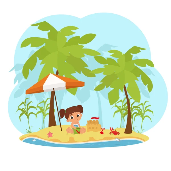 Милая маленькая девочка играет с песком на тропическом пляже. — стоковый вектор