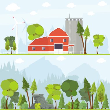Village landscape. flat farm landscape.
