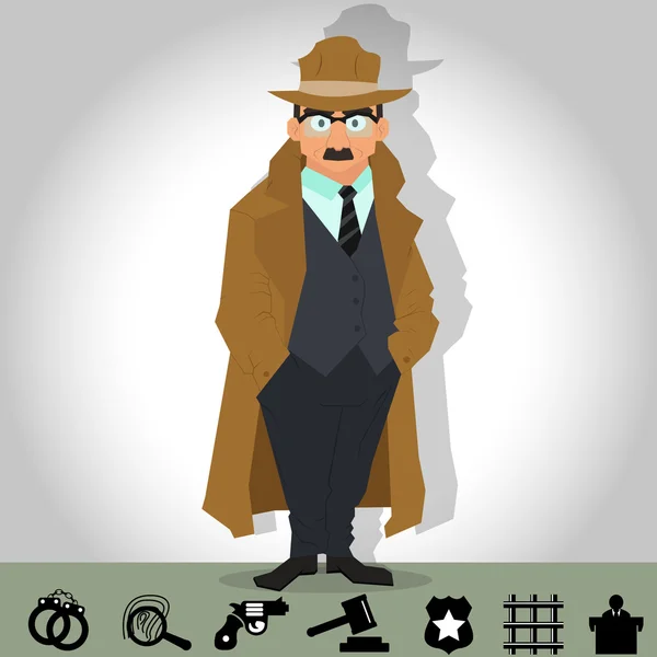 Detective in a raincoat and hat. — Stock Vector