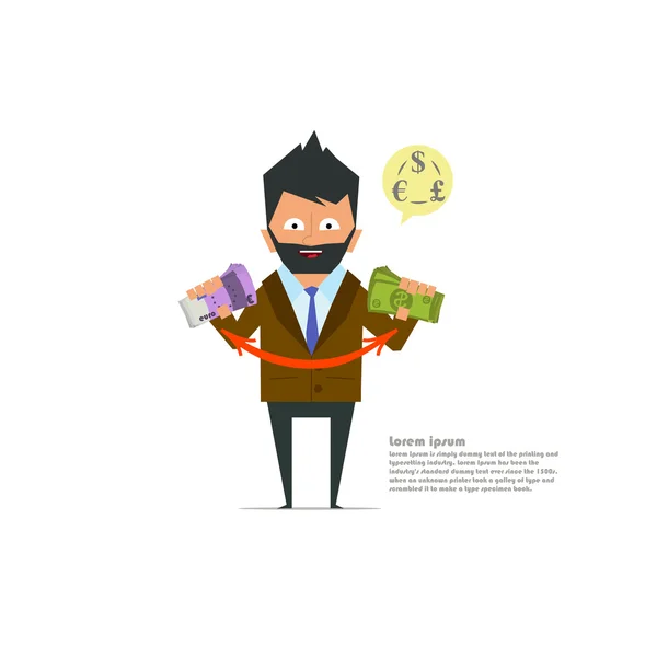 Businessman exchanges the euro and the dollar. — Stock Vector