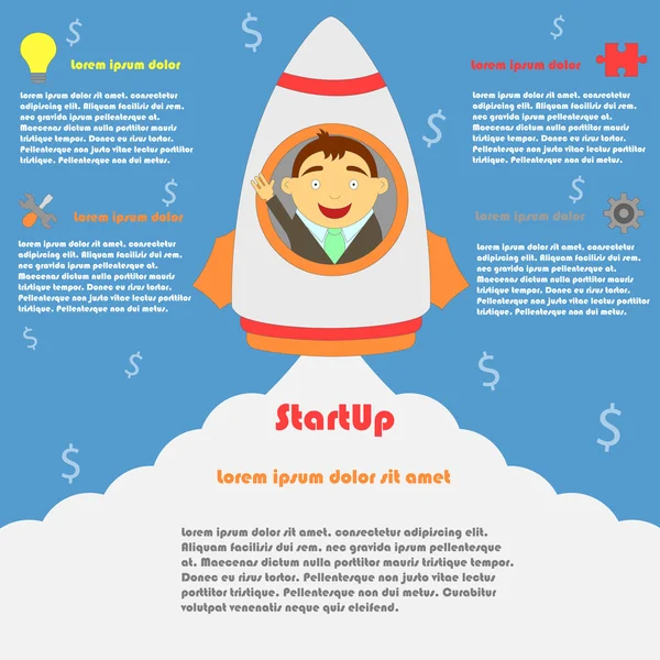 Business life employee in rocket concept. — Stock Vector