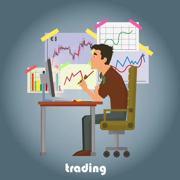 Trader boursier dans son bureau . — Image vectorielle