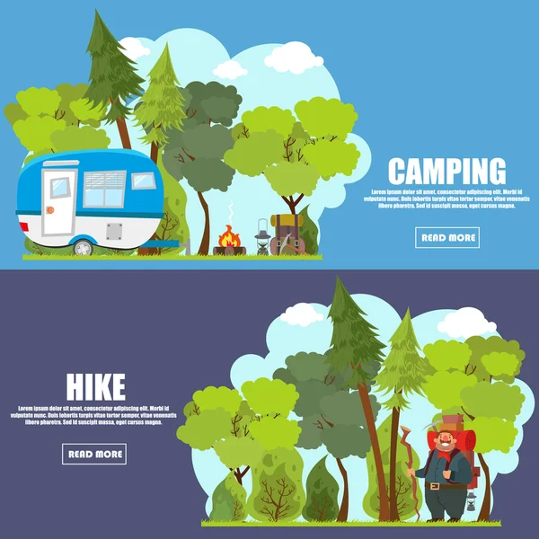 Colorido camping banner plano conjunto — Archivo Imágenes Vectoriales