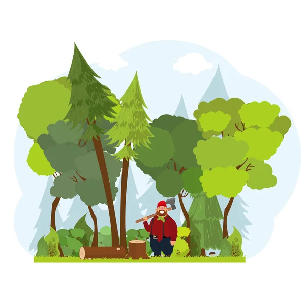 Paisaje forestal con leñador — Vector de stock