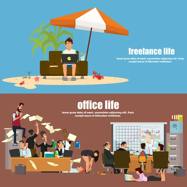 横幅"办公室工作"和"自由职业者". — 图库矢量图片